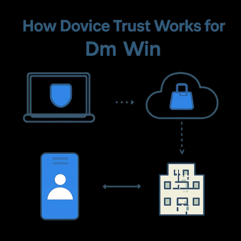 An educational diagram illustrating Device Trust mechanisms for Dm Win.