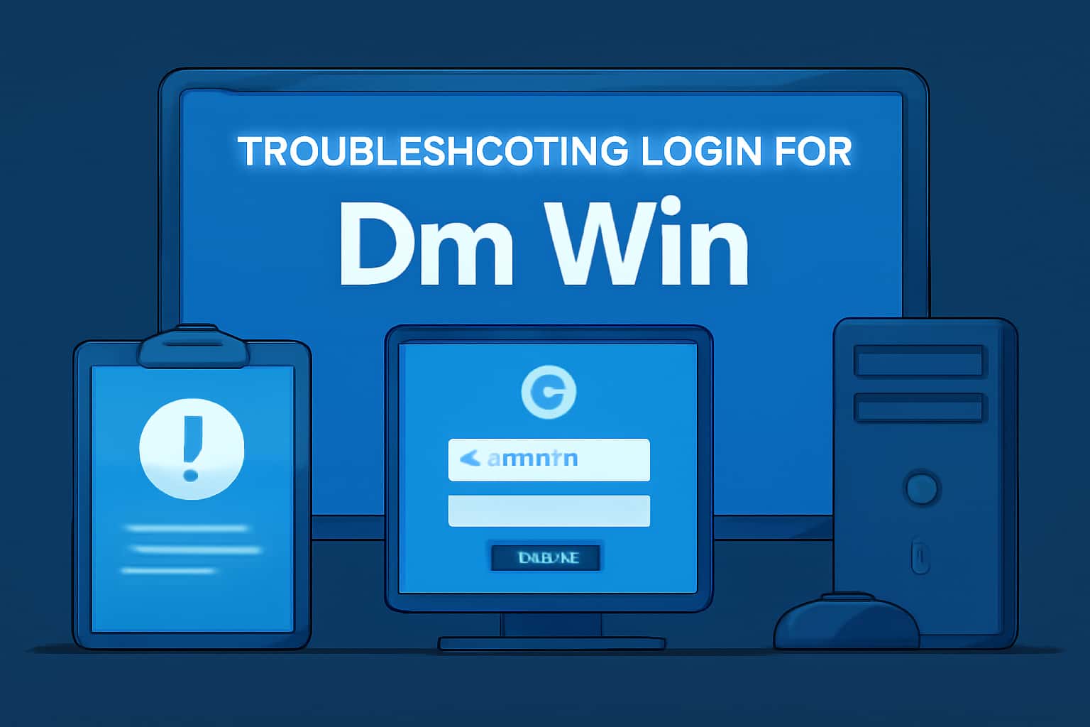An informational scene depicting troubleshooting steps for Dm Win login.